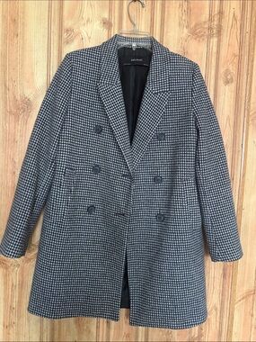 Zara Double-Breasted Houndstooth Pea Coat - Black & White